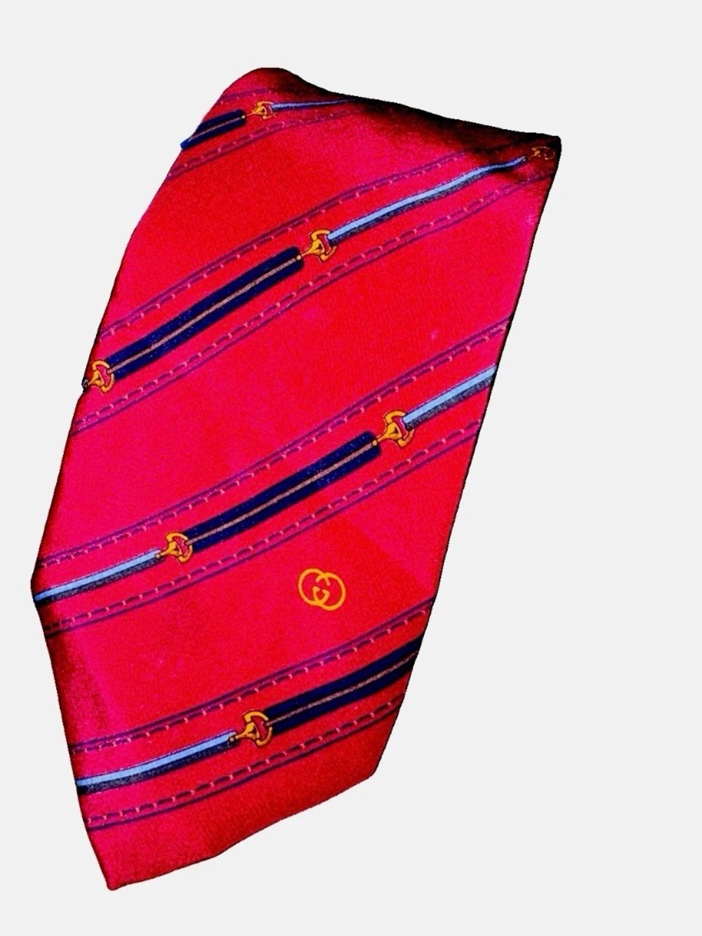 Vintage Gucci Silk Necktie — Burgundy Horsebit Stripe, GG Monogram